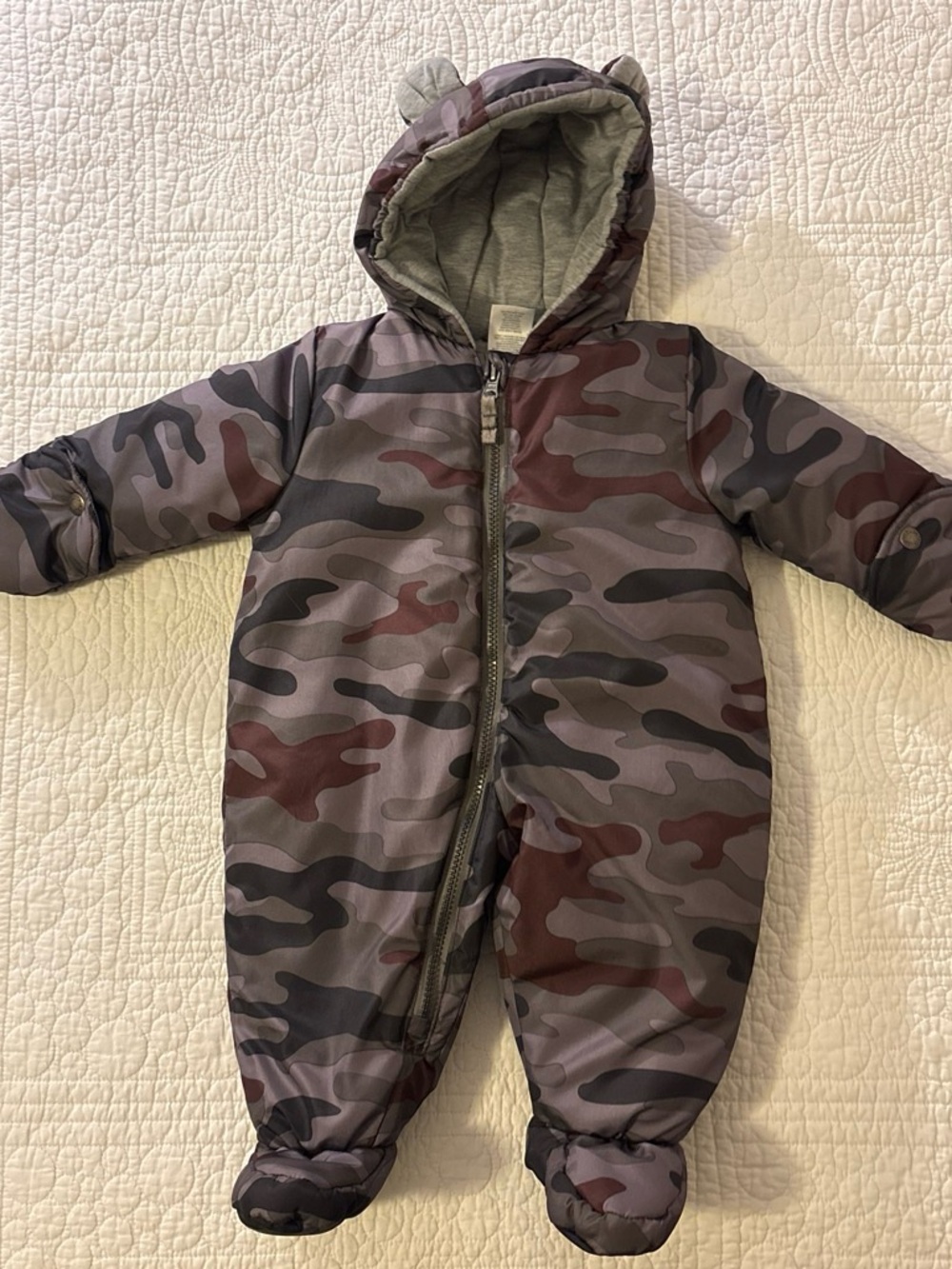 Kids Camouflage Hooded One-Piece Snowsuit - Olive/Gray